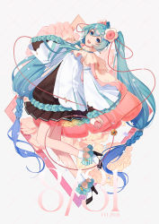 Rule 34 | 1girl, :d, black dress, black footwear, blue eyes, blue hair, braid, commentary request, dated, detached sleeves, dress, fen renlei, floral print, flower, grey background, hair between eyes, hair flower, hair ornament, hand up, happy birthday, hatsune miku, high heels, highres, long hair, long sleeves, looking at viewer, magical mirai miku, magical mirai miku (2021), open mouth, shoes, smile, socks, solo, twintails, very long hair, vocaloid, white dress, white flower, white sleeves, white socks, wide sleeves