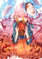 Rule 34 | 1girl, blue shirt, bright pupils, covered mouth, hannya, hata no kokoro, highres, holding, long hair, long sleeves, looking at viewer, mask, nail polish, oni mask, orange skirt, pink eyes, pink hair, pink nails, plaid, plaid shirt, risui (suzu rks), shirt, simple background, skirt, solo, touhou, very long hair, white background, wide sleeves