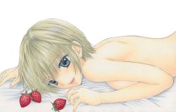 Rule 34 | 1girl, bed, black eyes, blonde hair, breast press, breasts, food, fruit, ichigo 100 percent, large breasts, looking at viewer, lying, nishino tsukasa, nude, open mouth, ozaki mirai, short hair, smile, strawberry, teeth, upper body, white background