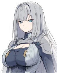 Rule 34 | 1girl, armor, blue eyes, breast tattoo, breasts, cleavage, cleavage cutout, closed mouth, clothing cutout, ethel (xenoblade), grey hair, haoni, highres, large breasts, long hair, looking at viewer, shoulder armor, simple background, solo, tattoo, very long hair, white background, xenoblade chronicles (series), xenoblade chronicles 3
