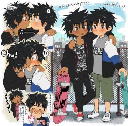 Rule 34 | !?, 2boys, :3, :p, arm around shoulder, black hair, blue eyes, blush, camouflage tank top, dark-skinned male, dark skin, full body, grey hair, hand on another&#039;s shoulder, hashikure taro, highres, jacket, kiss, looking at another, male focus, mole, mole under eye, multiple boys, original, skateboard, smile, tan, tank top, tongue, tongue out, yaoi