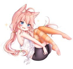 Rule 34 | 1girl, :3, ahoge, animal ear fluff, animal ears, asymmetrical legwear, bad id, bad pixiv id, bare shoulders, bike shorts, black shorts, blue eyes, blush, breasts, cat ears, commentary, fang, full body, hair between eyes, hair bobbles, hair ornament, highres, hinata channel, honyang, korean commentary, long hair, looking at viewer, low twintails, mismatched legwear, nekomiya hinata, open mouth, orange legwear, pink hair, shirt, shorts, sideboob, simple background, small breasts, smile, solo, sparkle, striped clothes, striped legwear, striped thighhighs, tank top, thighhighs, tied shirt, twintails, v, v-shaped eyebrows, very long hair, virtual youtuber, white background, white shirt