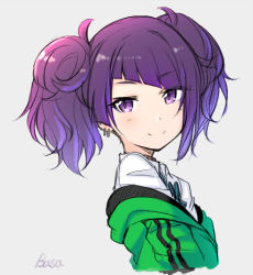 Rule 34 | 1girl, basa rutan, blush, bow, closed mouth, collared shirt, cropped torso, diagonal bangs, earrings, green bow, green jacket, grey background, idolmaster, idolmaster shiny colors, jacket, jewelry, looking at viewer, looking to the side, lowres, off shoulder, open clothes, open jacket, purple eyes, purple hair, shirt, signature, simple background, smile, solo, tanaka mamimi, twintails, upper body, white shirt