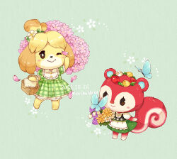 Rule 34 | 2girls, :&gt;, ;&gt;, animal crossing, apron, arm up, artist name, basket, blonde hair, blue butterfly, blush, blush stickers, bow, bright pupils, brown eyes, bug, butterfly, buttons, closed mouth, collared dress, collared shirt, commentary, dated, dog girl, dress, english commentary, floral print, flower, flower wreath, frilled apron, frilled dress, frilled sleeves, frills, furry, furry female, green background, green bow, green dress, hair bow, hair flower, hair ornament, head wreath, holding, holding basket, hydrangea, insect, isabelle (animal crossing), lily of the valley, matchaneko, multiple girls, nintendo, one eye closed, petals, pinafore dress, pink flower, plaid, plaid dress, poppy (animal crossing), puffy short sleeves, puffy sleeves, purple flower, red flower, shirt, short sleeves, simple background, sleeveless, sleeveless dress, smile, spring (season), squirrel girl, standing, topknot, tulip, waist apron, white apron, white flower, white pupils, white shirt, yellow flower
