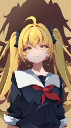 Rule 34 | 1girl, ascot, black bow, black serafuku, blonde hair, bow, collarbone, from below, frown, furrowed brow, hair bow, highres, lilili (78509469), long hair, looking at viewer, original, portrait, red ascot, school uniform, serafuku, shadow, simple background, solo, twintails, yellow background, yellow eyes