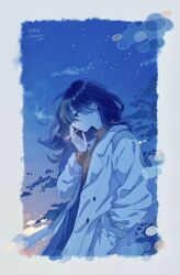 Rule 34 | 1girl, absurdres, amenojaku, black hair, blue sky, blue theme, border, cigarette, coat, collared shirt, commentary request, expressionless, fading border, film grain, grey border, hair between eyes, hand in pocket, hand up, highres, holding, holding cigarette, light particles, long hair, night, night sky, orange shirt, original, profile, shirt, signature, sky, smoking, solo, star (sky), upper body, white coat