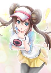Rule 34 | 1girl, black pantyhose, blue eyes, blush, breasts, brown hair, cowboy shot, creatures (company), double bun, game freak, hair between eyes, hair bun, hand on own chin, highres, leaning forward, long hair, looking at viewer, medium breasts, nintendo, open mouth, pantyhose, pokemon, pokemon bw2, pokemon masters ex, r-binon, rosa (pokemon), solo, standing, stroking own chin, twintails