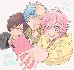 Rule 34 | 3boys, aizome kento, ashu yuuta, b-project, blue eyes, blue hair, brown hair, cellphone, freckles, holding, holding phone, kaneshiro goushi, looking at another, looking at viewer, male focus, multiple boys, one eye closed, open mouth, p4cnoo, phone, pink hair, purple eyes, red eyes, selfie, short hair, smile, thrive (b-project), white background