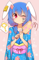Rule 34 | 1girl, ?, alternate costume, blue hair, blue kimono, body writing, breasts, closed mouth, floral background, floral print, highres, holding, inon, japanese clothes, kimono, long sleeves, low twintails, medium hair, obi, one eye closed, pink background, pink eyes, purple sash, sash, seiran (touhou), simple background, small breasts, spoken question mark, touhou, twintails, wide sleeves
