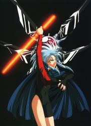 Rule 34 | aqua hair, black background, cape, cowboy shot, glowing, highres, leotard, retro artstyle, ryouko (tenchi muyou!), solo, spacecraft, spiked hair, standing, tagme, tenchi muyou!, yellow eyes