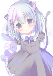 Rule 34 | 1girl, :3, animal ears, black bow, black dress, bow, cat ears, cat girl, cat tail, child, closed mouth, collared shirt, commentary request, dress, frilled dress, frilled shirt collar, frilled sleeves, frills, grey hair, hair between eyes, hair bow, hair ornament, head tilt, holding, holding stuffed toy, layered sleeves, long sleeves, looking at viewer, original, pink eyes, puffy short sleeves, puffy sleeves, rin (fuwarin), shirt, short over long sleeves, short sleeves, smile, solo, star (symbol), stuffed animal, stuffed rabbit, stuffed toy, tail, white shirt, x hair ornament