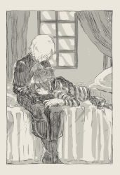 Rule 34 | 2boys, andrew kreiss, bad id, bad pixiv id, bed, belt, bisui (bibi), bruise, bruised eye, closed eyes, closed mouth, curtains, gloves, greyscale, hair over one eye, highres, identity v, indoors, injury, lap pillow, light particles, long sleeves, looking at another, looking down, luca balsa, lying, male focus, monochrome, multiple boys, on bed, on stomach, ponytail, shirt, short hair, sitting, striped clothes, striped shirt, window, yaoi