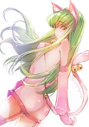 Rule 34 | 1girl, animal ears, bare shoulders, bell, blush, c.c., code geass, creayus, green hair, hairband, long hair, looking at viewer, pink thighhighs, shiny skin, solo, standing, tail, tail bell, tail ornament, thigh strap, thighhighs, yellow eyes