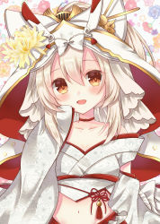 Rule 34 | 1girl, :d, ayanami (azur lane), ayanami (demon&#039;s finest dress) (azur lane), ayanami (demon&#039;s finest dress) (azur lane), azur lane, breasts, choker, cleavage, collarbone, commentary request, detached sleeves, head tilt, headgear, highres, japanese clothes, kimono, long hair, looking at viewer, midriff, nami7711, navel, official alternate costume, open mouth, orange eyes, ponytail, retrofit (azur lane), sidelocks, silver hair, sleeves past wrists, smile, solo, tsunokakushi, uchikake, wide sleeves