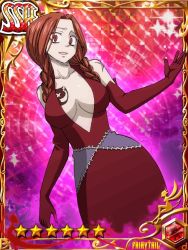 Rule 34 | 1girl, braid, breast tattoo, breasts, card (medium), cleavage, crazy eyes, curvy, dress, elbow gloves, fairy tail, female focus, flare corona, gloves, large breasts, long hair, looking at viewer, low twintails, matching hair/eyes, official art, red dress, red eyes, red gloves, red hair, scar, shiny skin, smile, solo, standing, tattoo, twin braids, twintails