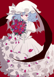 Rule 34 | 1girl, absurdres, bat wings, blue hair, bouquet, collared shirt, flower, frilled shirt collar, frilled skirt, frills, hat, highres, holding, holding bouquet, leaf, looking at flowers, medium hair, mob cap, open mouth, petals, puffy short sleeves, puffy sleeves, red background, red eyes, red flower, red petals, red rose, remilia scarlet, rose, rose petals, shirt, shocho (shaojiujiu), short sleeves, simple background, skirt, solo, touhou, white hat, white shirt, white skirt, wings