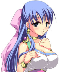 Rule 34 | 1girl, bad id, bad pixiv id, blue eyes, blue hair, bow, breasts, dragon quest, dragon quest v, earrings, flora (dq5), hair bow, half updo, jewelry, large breasts, long hair, matching hair/eyes, ookami ryousuke, pink bow, smile, solo