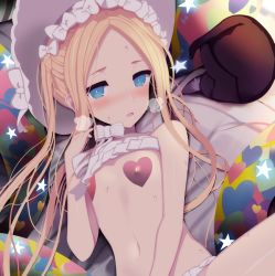 Rule 34 | 1girl, abigail williams (fate), abigail williams (swimsuit foreigner) (fate), abigail williams (swimsuit foreigner) (third ascension) (fate), bare shoulders, bikini, blonde hair, blue eyes, bonnet, bow, breasts, covered erect nipples, fate/grand order, fate (series), forehead, hair bow, long hair, navel, parted bangs, pasties, sidelocks, small breasts, swimsuit, tranquillianusmajor, twintails, very long hair, white bikini, white bow, white headwear