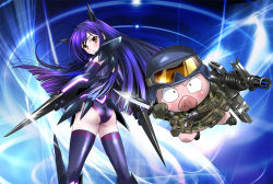 Rule 34 | 10s, 1boy, 1girl, accel world, angry, antenna hair, arita haruyuki, arm blade, armor, ass, bad id, bad pixiv id, black lotus (accel world), black lotus (accel world) (cosplay), blue background, blue hair, blue thighhighs, blush, bodysuit, boots, camouflage, constricted pupils, cosplay, dual wielding, duel avatar, elbow gloves, fighting stance, flat chest, floating hair, from behind, fusion, glint, gloves, glowing, goggles, goggles on headwear, gradient hair, gun, hair ornament, handgun, head tilt, helmet, holding, holster, horns, jumping, kneepits, knife, kuroyukihime, leotard, light smile, load bearing vest, long hair, looking at viewer, looking back, multicolored hair, neon trim, orange eyes, pig, pistol, platin (alios), pouch, purple hair, smile, standing, submachine gun, swept bangs, thighhighs, weapon