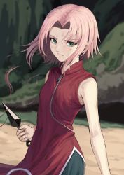 Rule 34 | 1girl, bare arms, bare shoulders, black shorts, blurry, blurry background, breasts, closed mouth, commentary request, cowboy shot, cutting hair, day, depth of field, dress, fagi (kakikaki), green eyes, haruno sakura, holding, holding weapon, kunai, looking at viewer, naruto, naruto (series), outdoors, parted bangs, pink hair, red dress, serious, severed hair, short hair, shorts, sleeveless, sleeveless dress, small breasts, solo, weapon, zipper, zipper pull tab
