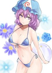 Rule 34 | 1girl, bad id, bad pixiv id, ball, bare arms, bare shoulders, bikini, blue bikini, blue hat, breasts, collarbone, commentary request, cowboy shot, floral background, front-tie bikini top, front-tie top, hair between eyes, hat, highres, holding, holding ball, large breasts, looking at viewer, mob cap, navel, purple eyes, purple hair, saigyouji yuyuko, short hair, solo, stomach, swimsuit, touhou, triangular headpiece, white background, y2