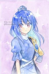 Rule 34 | 1girl, 2zuz4hru, blue dress, blue hair, commentary request, dress, grey background, hand on own hip, iizunamaru megumu, long hair, looking to the side, painting (medium), pink eyes, simple background, solo, touhou, traditional media, watercolor (medium)