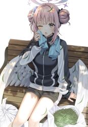 Rule 34 | 1girl, absurdres, angel wings, bench, black jacket, black shorts, blue archive, blush, breasts, feathered wings, gym shorts, gym uniform, halo, highres, jacket, large breasts, long sleeves, mika (blue archive), ojyomu, one eye closed, open mouth, pink hair, pink halo, short hair, shorts, sitting, solo, track jacket, white wings, wings, yellow eyes