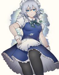 Rule 34 | 1girl, apron, black pantyhose, blue dress, blue eyes, bow, dress, floral background, frilled dress, frills, grey hair, hair bow, highres, izayoi sakuya, looking at viewer, maid, maid apron, maid headdress, neck ribbon, pantyhose, puffy short sleeves, puffy sleeves, ribbon, shishui guima, short sleeves, solo, standing, touhou, white background, wrist cuffs