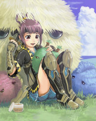 Rule 34 | 1girl, armor, boots, comb, gensou suikoden, gensou suikoden v, grass, hair rings, headband, headpat, hi-ho-, knee boots, miakis (suikoden), purple eyes, purple hair, short twintails, sitting, solo, twintails