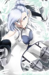 Rule 34 | 1girl, asymmetrical bangs, bird, black gloves, blue eyes, blue hair, boots, dutch angle, gloves, grey background, highres, looking at viewer, rwby, shaded face, solo, sword, thigh boots, thighhighs, thighs, weapon, white hair, winter schnee, yaya (y8ay8a)