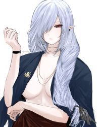 Rule 34 | 1girl, absurdres, alternate costume, arknights, arm up, artist name, black wristband, braid, braided ponytail, breasts, commentary, earrings, gladiia (arknights), grey hair, hair over one eye, highres, jewelry, kgymofu, long hair, looking at viewer, necklace, one eye covered, open clothes, open shirt, pointy ears, red eyes, simple background, upper body, white background, wristband