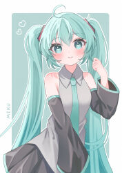 Rule 34 | 1girl, absurdres, ahoge, aqua eyes, aqua hair, aqua necktie, arm up, bare shoulders, blush, character name, clenched hand, collared shirt, detached sleeves, hair ornament, hatsune miku, heart, heart-shaped pupils, highres, long hair, looking at viewer, mokoinu, necktie, outline, pleated skirt, shirt, simple background, skirt, sleeveless, sleeveless shirt, smile, solo, symbol-shaped pupils, twintails, upper body, very long hair, vocaloid, white background, white outline, wide sleeves