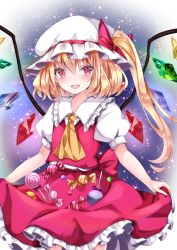 Rule 34 | 1girl, :d, bad id, bad pixiv id, blonde hair, blush, bow, candy, candy wrapper, crystal, flandre scarlet, food, frilled skirt, frills, hair between eyes, hair through headwear, hat, hat bow, highres, lollipop, long hair, looking at viewer, mob cap, nanase nao, one side up, open mouth, red bow, red eyes, red skirt, red vest, skirt, skirt basket, skirt set, smile, solo, swirl lollipop, teeth, touhou, upper teeth only, very long hair, vest, white hat, wings
