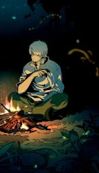 Rule 34 | 1boy, brown pants, campfire, cigarette, crossed legs, ginko, hair over one eye, highres, holding, holding cigarette, log, looking to the side, male focus, mushishi, night, pants, plant, rokudenaru, shirt, solo, twig, white hair, white shirt