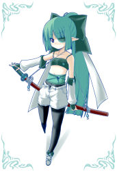 Rule 34 | 1girl, bare shoulders, crazy developers, detached sleeves, eyepatch, flat chest, green hair, hair ribbon, highres, katana, pantyhose under shorts, long hair, original, pantyhose, pantyhose under shorts, pointy ears, red eyes, ribbon, shorts, solo, sword, weapon