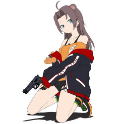 Rule 34 | 1girl, absurdres, ahoge, alternate costume, animal ears, black footwear, black gloves, black jacket, black shorts, blue eyes, brown hair, closed mouth, colored shoe soles, commentary, ebi frion (natsuiro matsuri), full body, gloves, gun, hair intakes, handgun, highres, holding, holding gun, holding weapon, hololive, jacket, kneeling, long hair, long sleeves, looking to the side, mocha (snowflake), natsuiro matsuri, off shoulder, open clothes, open jacket, orange shirt, partially fingerless gloves, shirt, shoes, shorts, sideways glance, simple background, sneakers, solo, squirrel, tachi-e, virtual youtuber, weapon, white background