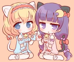 Rule 34 | 2girls, alice margatroid, animal ears, arm warmers, bad id, bad pixiv id, bell, blonde hair, blue eyes, blush, bow, capelet, cat ears, cat tail, chestnut mouth, chibi, collar, crescent, crescent hair ornament, deformed, frills, hair bow, hair ornament, hairband, jingle bell, jitome, kemonomimi mode, long hair, looking at viewer, mashiro miru, multiple girls, orange background, patchouli knowledge, pink bow, purple bow, purple eyes, purple hair, red bow, sash, short hair, simple background, sitting, tail, tail bow, tail ornament, tareme, touhou, yokozuwari