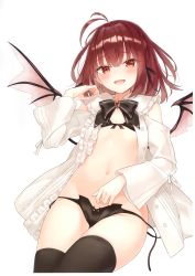 Rule 34 | 1girl, :d, absurdres, antenna hair, azuuru, black bow, black bowtie, black bra, black panties, black thighhighs, blush, bow, bowtie, bra, braid, clothing cutout, demon girl, demon wings, frills, groin, hair ribbon, hand up, highres, long sleeves, navel, open clothes, open mouth, original, panties, red eyes, red hair, ribbon, scan, short hair, shoulder cutout, side-tie panties, skindentation, smile, solo, stomach, thighhighs, thighs, underwear, untied panties, wings