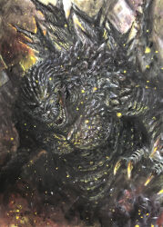 Rule 34 | absurdres, building, claws, day, debris, dinosaur, embers, g.n.a., giant, giant monster, godzilla, godzilla (series), godzilla minus one, highres, kaijuu, looking at viewer, monster, no humans, open mouth, real world location, rubble, ruins, sea monster, sharp teeth, spikes, tail, teeth, toho, tower, yellow eyes