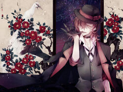 Rule 34 | 1boy, belt collar, bird, biting, black coat, black collar, black gloves, black hat, black jacket, black pants, bungou stray dogs, camellia, coat, coat on shoulders, collar, collared shirt, cropped jacket, cross tie, eveshut, fedora, flower, glove biting, gloves, grey vest, hair over one eye, hand up, hanging scroll, hat, jacket, lapels, looking at viewer, male focus, medium hair, nakahara chuuya, night, notched lapels, open collar, orange hair, pants, peacock, red eyes, red flower, scroll, shirt, sky, sleeves rolled up, snowing, solo, star (sky), star trail, starry sky, tree, upper body, vest, white shirt