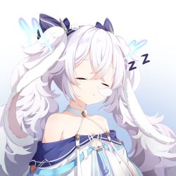 Rule 34 | 1girl, absurdres, animal ears, azur lane, bare shoulders, blue ribbon, closed eyes, collarbone, crossed bangs, dress, fake animal ears, gradient background, hair ornament, hair ribbon, halterneck, highres, laffey (azur lane), laffey ii (azur lane), long hair, nose bubble, parted lips, rabbit ears, rabbit hair ornament, ribbon, simple background, sleeping, solo, twintails, upper body, white dress, white hair, z-wumi, zzz