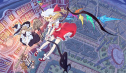 Rule 34 | 4girls, :&lt;, angry, apron, ascot, balcony, blonde hair, book, book stack, bow, braid, broom, broom riding, building, bush, chair, crystal, cup, dahuang, fang, flandre scarlet, flying, foreshortening, fountain, frills, from above, full body, garden, hair bow, hair ornament, hat, hat bow, hat ribbon, highres, izayoi sakuya, kirisame marisa, laevatein, landscape, long hair, looking at another, maid, maid apron, mansion, mary janes, midriff, mob cap, multiple girls, navel, night, open mouth, outdoors, perspective, petticoat, plant, plate, potted plant, puffy short sleeves, puffy sleeves, railing, red eyes, red footwear, red skirt, red vest, remilia scarlet, ribbon, scarlet devil mansion, scenery, shirt, shoes, short hair, short sleeves, side braid, side ponytail, single braid, skirt, skirt set, socks, stairs, stuffed animal, stuffed toy, table, tablecloth, teacup, tears, teddy bear, theft, touhou, tree, vest, waist apron, white bow, white legwear, window, wings, witch hat, wrist cuffs, zodiac