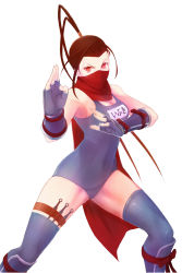 Rule 34 | 1girl, antenna hair, arm guards, armpits, black hair, breasts, cleavage, fighting stance, fingerless gloves, gloves, half mask, high ponytail, highres, ibuki (street fighter), kunai, kuso otoko, looking at viewer, mask, ponytail, scarf, school swimsuit, shin guards, simple background, solo, street fighter, street fighter v, swimsuit, thigh strap, thighhighs, weapon