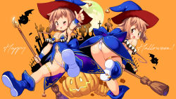 Rule 34 | 2girls, ;p, arm up, armlet, ass, bare shoulders, bat (animal), bent over, blue choker, blue dress, blue footwear, blue headwear, blush stickers, boots, breasts, broom, brown hair, chocolat queen, choker, commentary request, dress, full moon, happy halloween, hat, hexagram, highres, holding, holding broom, index finger raised, jack-o&#039;-lantern, leg up, long hair, looking at viewer, marron queen, microdress, moon, multiple girls, navel, one eye closed, open mouth, orange background, original, outstretched arm, panties, revealing clothes, shoe soles, short dress, siblings, sidelocks, sisters, small breasts, smile, strapless, strapless dress, thighlet, tombstone, tongue, tongue out, underwear, v-shaped eyebrows, white panties, witch, witch hat, wristband, yellow eyes, yu 3