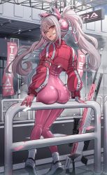Rule 34 | 1girl, absurdres, alice (nikke), ass, bodysuit, breasts, commentary request, cropped jacket, duplicate, full body, goddess of victory: nikke, gun, hair ornament, headphones, highres, jacket, jeze, latex, latex bodysuit, long hair, long sleeves, looking at viewer, looking back, medium breasts, open mouth, pink bodysuit, pink eyes, pink hair, project nikke, rifle, shiny clothes, shoes, simple background, skin tight, smile, sneakers, socks, twintails, weapon