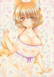 Rule 34 | 1girl, :o, animal ear fluff, animal ears, arm up, bare arms, bare shoulders, blonde hair, breasts, collarbone, contrapposto, cowboy shot, fox ears, fox tail, gradient background, large breasts, lingerie, looking at viewer, marker (medium), multiple tails, orange eyes, petals, purple background, satsuki (gogotaru), see-through, short hair, solo, spaghetti strap, standing, tail, touhou, traditional media, underwear, yakumo ran