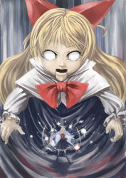 Rule 34 | 1girl, alice margatroid, blonde hair, blue dress, blunt bangs, bow, bowtie, capelet, doll, dress, empty eyes, female focus, goliath doll, hair bow, highres, long hair, looking at viewer, pino (birthdayparty), red bow, red bowtie, ribbon, touhou, very long hair