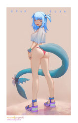 Rule 34 | 1girl, alternate breast size, alternate costume, artist name, ass, blouse, blue eyes, blue hair, blush, border, character name, gawr gura, hair ornament, highres, hololive, hololive english, looking at viewer, no pants, platform footwear, scrunchie, see-through, see-through shirt, shark hair ornament, sharp teeth, shirt, solo, tail, tan background, teeth, virtual youtuber, watermark, web address, white border, white shirt, wrist scrunchie, yugen99