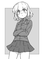 Rule 34 | 1girl, :t, absurdres, angry, bob cut, closed mouth, commentary request, cowboy shot, crossed arms, frown, girls und panzer, greyscale, hairband, highres, insignia, jacket, katyusha (girls und panzer), long sleeves, looking at viewer, miniskirt, monochrome, outside border, partial commentary, pleated skirt, pout, pravda school uniform, renshiu, school uniform, shirt, short hair, skirt, solo, standing, turtleneck