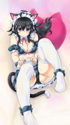 Rule 34 | 10s, 1girl, adjusting clothes, adjusting legwear, ahoge, animal ears, ankle ribbon, ass, bare shoulders, bikini, black footwear, black hair, blue eyes, blush, breasts, cat ears, cat tail, closed mouth, couch, detached collar, detached sleeves, frills, full body, hair ornament, heart, heart-shaped pillow, highres, kiyama satoshi, knees up, lace, lace-trimmed legwear, lace trim, leaning back, leg ribbon, leg up, long hair, looking at viewer, maid, maid bikini, maid headdress, md5 mismatch, midriff, miniskirt, multicolored background, neck ribbon, netoge no yome wa onna no ko janai to omotta?, no shoes, on couch, panties, pillow, pink background, red ribbon, ribbon, shoes, unworn shoes, sitting, skirt, smile, solo, swimsuit, tail, tamaki ako, thighhighs, unconventional maid, underwear, upskirt, white thighhighs, x hair ornament